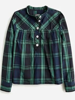 J. Crew Fresco Top With Jewel Buttons In Black Watch Tartan Plaid